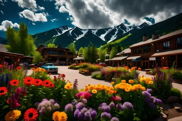 Poster Im Rahmen Snowmass Village in Aspen, Colorado parking lot and colorful summer landscaped flowers © Muhammad