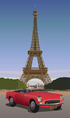 Red car against the background of the Eiffel Tower. Vector.