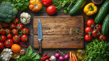 fresh vegetables around the board with knife top view, in the style of uhd image, unusual cropping, cabincore, cottagecore, matte photo