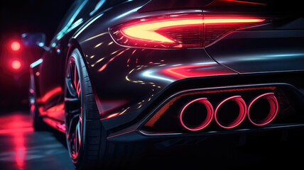 Neon-lit exhaust system modification in a high-performance car against a black backdrop - obrazy, fototapety, plakaty