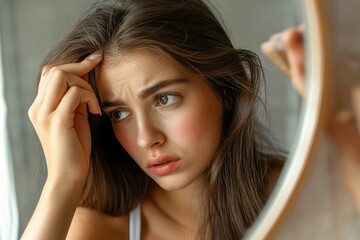 A woman is examining her reflection in a mirror with a concerned expression on her face.   indicative of hair loss. 