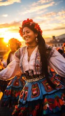 Sunset Rhythms in Quito: Cultural Heritage as Happy Women, Adorned in Local Costume, Gracefully Perform Traditional Dance at Sunset in Ecuador	
