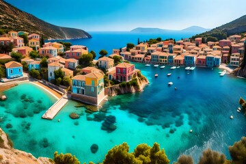 Beautiful panoramic view of Assos village with vivid colorful houses near blue turquoise colored and transparent bay lagoon. Kefalonia, Greece.