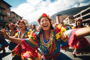 Sunset Rhythms in Quito: Cultural Heritage as Happy Women, Adorned in Local Costume, Gracefully Perform Traditional Dance at Sunset in Ecuador	
