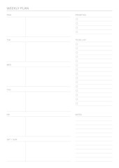 A weekly plan design template in a modern, simple, and minimalist style. Note, scheduler, diary, calendar, planner document template illustration.