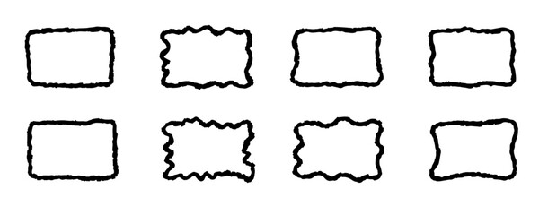 Rectangle frame set. Hand drawn Doodle wavy curve deformed textured frames. Border sketch. Vector illustration on a white background.