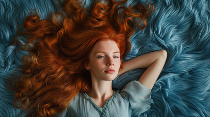 Uma mulher ruiva deitada em um tapete azul peludo