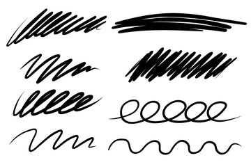 Hand drawn line stroke set. Highlight marker underline and strike through. Pen line template. Vector illustration isolated on white background. - obrazy, fototapety, plakaty