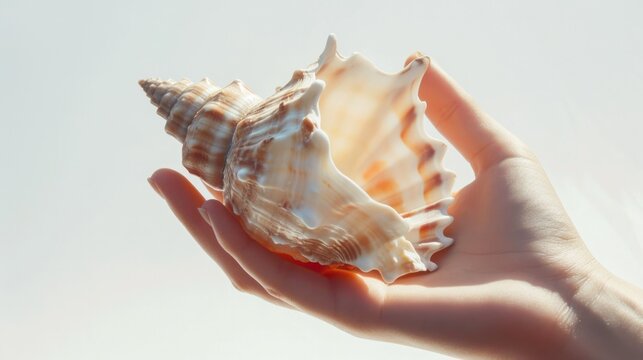 Detailed shot of a hand holding a seashell generative ai