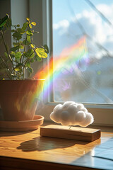 A tiny cloud with rainbow above a desk