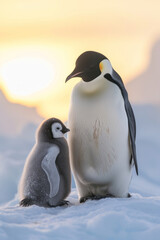 Obraz premium A penguin with her cub, mother love and care in wildlife scene