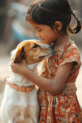 Indian little girl caring and playing with her pet puppy dog outdoors