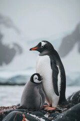 Naklejka premium A penguin with her cub, mother love and care in wildlife scene
