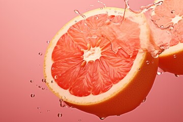 Grapefruit in a splash of water and grapefruit juice on a pink background