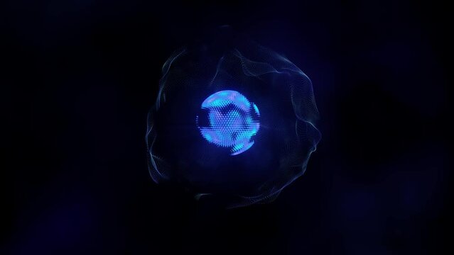Seamless loop 4k UHD video glowing rotating hexagon sphere with energy wave particles with dark background.
Endless background video of blue neon sphere spinning with wave plasma energy.