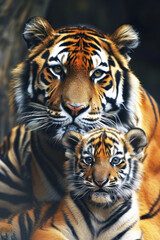 A tiger with her cub, mother love and care in wildlife scene