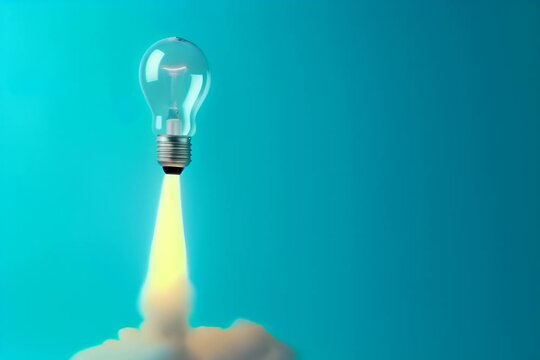 Light bulb taking off like rocket on blue background, startup and business concept.
