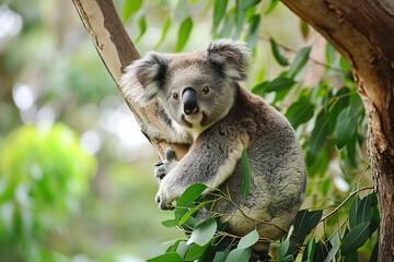 A koala perched on a eucalyptus branch and calmly chewed on a leaf. - obrazy, fototapety, plakaty