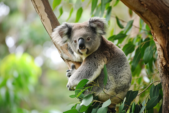 A koala perched on a eucalyptus branch and calmly chewed on a leaf.