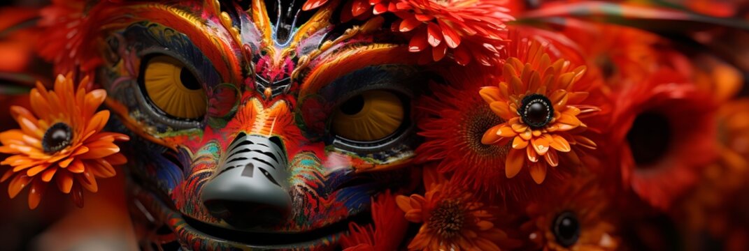 A masquerade with fancy masks and bright flowers close up, banner
