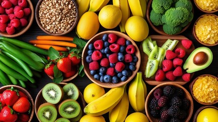 Fruits and berries in different plates. A bright assortment of fresh vitamins. View from above. Ingredients for desserts. Concept: healthy food and snack