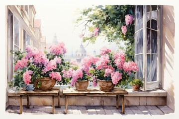 Watercolor illustration of summer flowers on balcony or terrace, flowers in pots, home decoration with flowers