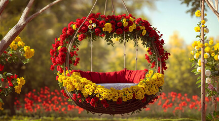 A swing hanging with tree and red and yellow flowers - obrazy, fototapety, plakaty