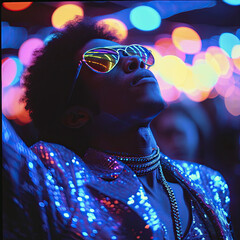 Portrait of a man at night, blurred colorful lights, retro vibe, 70s, 80s glamour