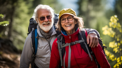 Senior couple hiking in nature with backpacks and smiles - obrazy, fototapety, plakaty