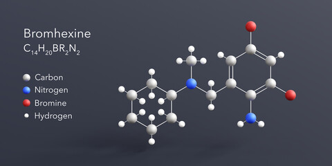 bromhexine molecule 3d rendering, flat molecular structure with chemical formula and atoms color coding