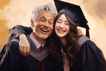 Fototapeta premium young female graduate wearing graduation clothes and celebrating with her father