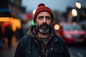 Portrait of a bearded man in a hat and scarf on a city street