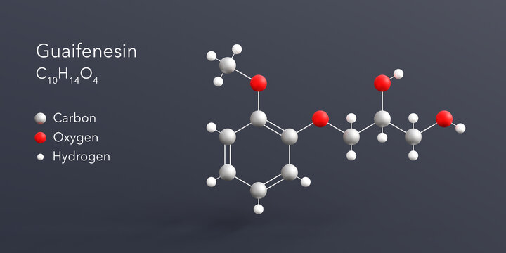 guaifenesin molecule 3d rendering, flat molecular structure with chemical formula and atoms color coding