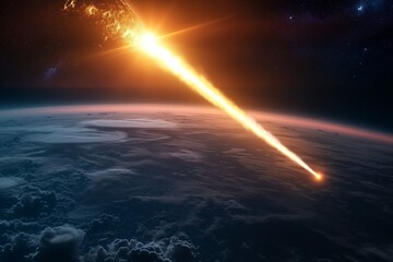 Planet Earth and big asteroid in the space, approaching planet