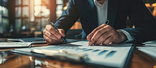 Professional Commitment: Executive Signing Important Documents in Office Setting.