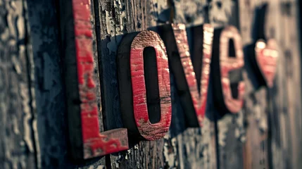 Poster a wooden sign with the word love carved into it's letters © Wirestock