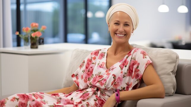 Portrait of a joyful breast cancer survivor  smiling bald woman embracing recovery in hospital room