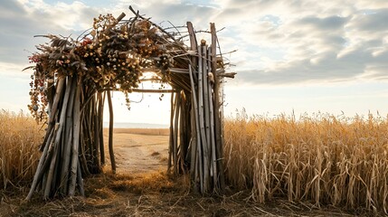 AI generated illustration of A landscape of a grassy field with a wooden archway in the center