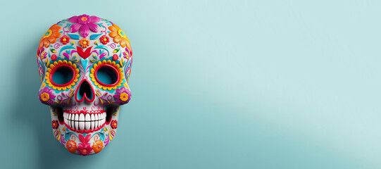 Colorful 3D Rendered Sugar Skull Isolated on Blue Background with Empty Copy space. Generative AI