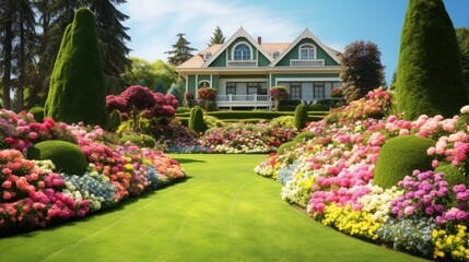 Fototapeta na wymiar a classic house with green grass and colorful flower in garden, classic home concept 