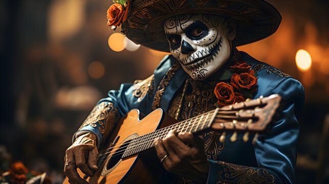 Mariachi Mexican Charro with Skeleton Face Playing Guitar. Generative AI