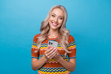 Photo of pretty positive lady wear print shirt communicating instagram twitter telegram facebook...