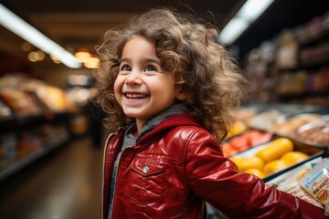 A young girl stands with a smile in a vibrant red jacket, surrounded by the convenience of a supermarket marketplace filled with shelves of food and a woman's welcoming face - obrazy, fototapety, plakaty