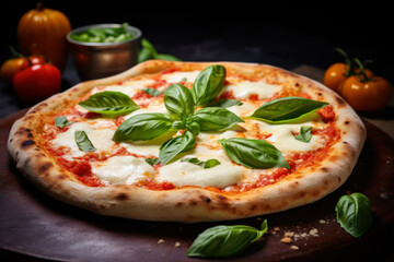 Pizza Margherita with mozzarella cheese and basil leaves