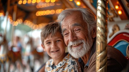 ็Hispanic senior age 70s man with grandson playing together enjoy laughing out loud together, bonding grandparent relationship with grandchild lifestyle holiday in zoo park relish a carousel ride