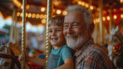 Obraz premium ็Hispanic senior age 70s man with grandson playing together enjoy laughing out loud together, bonding grandparent relationship with grandchild lifestyle holiday in zoo park relish a carousel ride