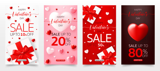 Set of 3D Happy valentine’s day sale banner template. special discount promotion sale offer with cute gift box, heart background for valentine online shop, store, advertising card, social media post - obrazy, fototapety, plakaty
