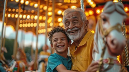 ็Hispanic senior age 70s man with grandson enjoy laughing out loud playing together, bonding grandparent relationship with grandchild lifestyle free time play relish a carousel ride in zoo park