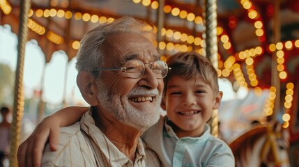 ็Hispanic senior age 70s man with grandson enjoy laughing out loud playing together, bonding grandparent relationship with grandchild lifestyle free time play relish a carousel ride in zoo park