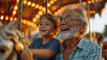 Obraz premium ็Hispanic senior age 70s man with grandson enjoy laughing out loud playing together, bonding grandparent relationship with grandchild lifestyle free time play relish a carousel ride in zoo park